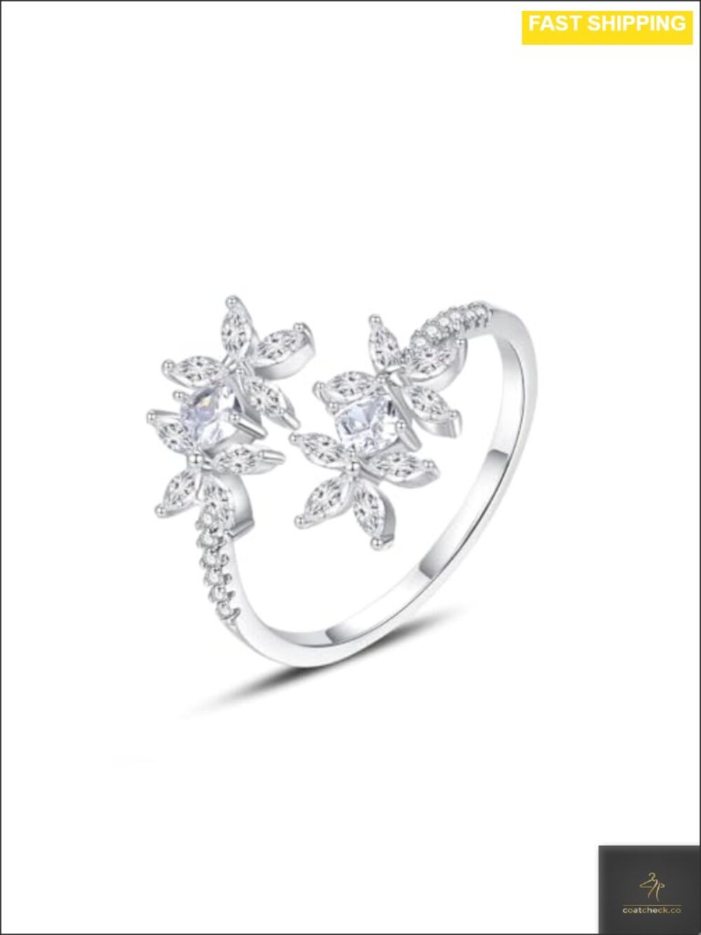 14K Gold Moissanite Flower Open Ring Adjustable Stackable Engagement